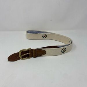 YRI Canvas Belt 38/95 Made USA Solid Brass Cream Blue Stripe